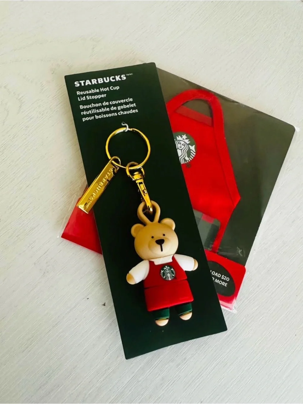 Starbucks Red and Green Bear Keychain with Gold Hardware